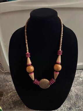Vintage Wooden beaded Necklace with Pink Accents